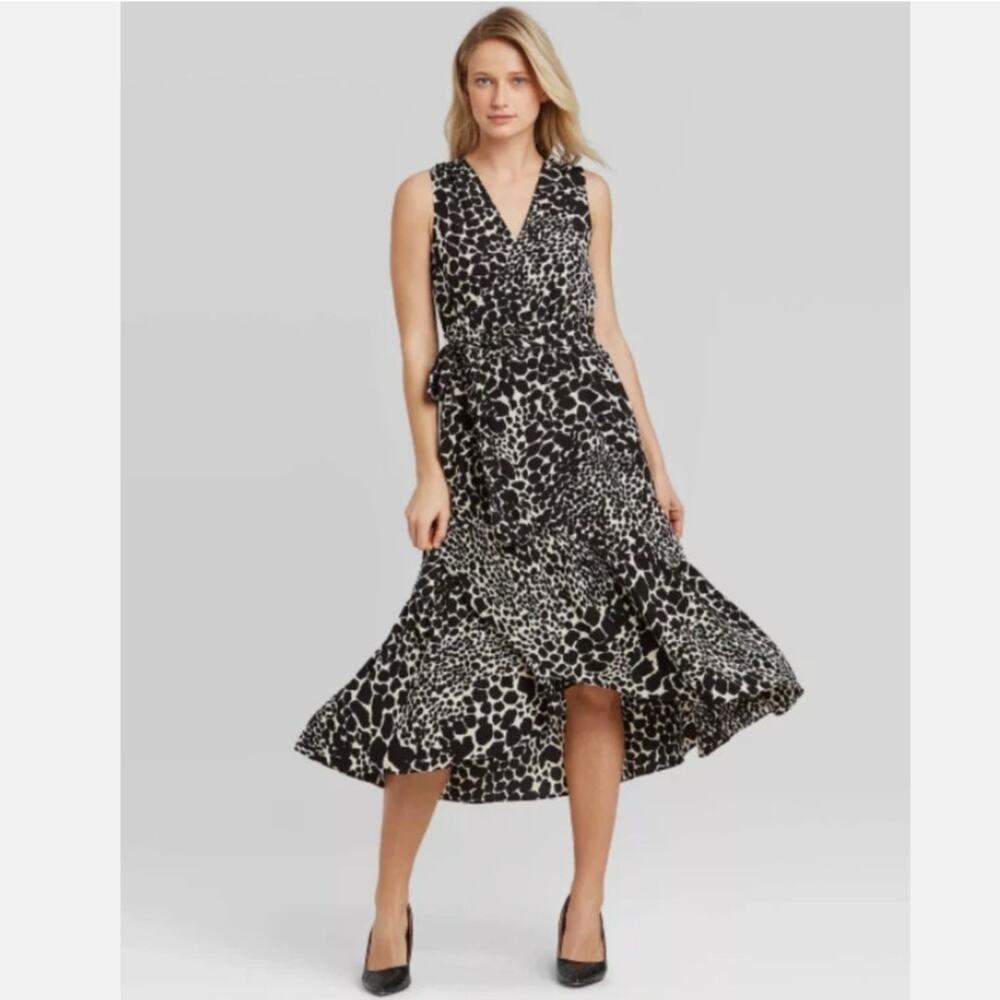 Leopard Animal Print Midi Wrap Dress Womens S Ruffle Hem Sleeveless Fall Neutral